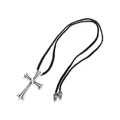 Chrome Hearts Large CH Cross Leather Braid W Bolo Tip Necklace "Black/Silver"