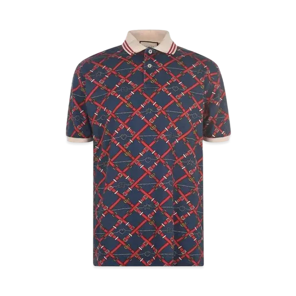 GUCCI GG Logo Belt Button Cotton Polo Shirt "Blue"