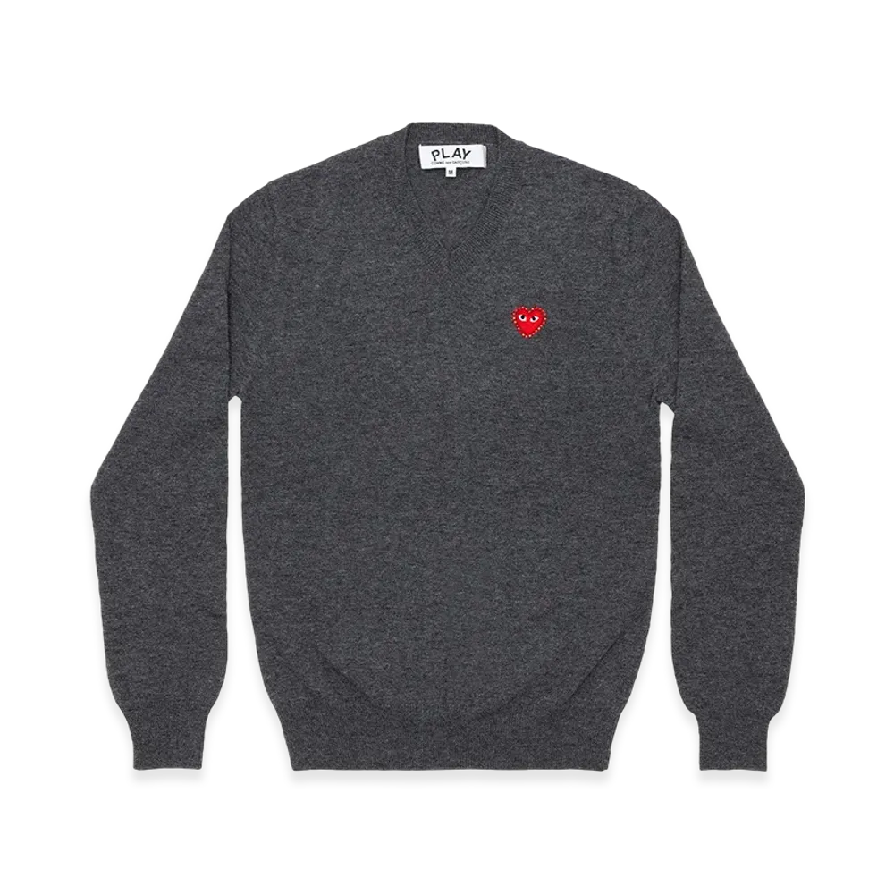 PLAY COMME des GARCONS Unisex V-Neck Sweater with Emblem x Rhinestone "Medium Gray"