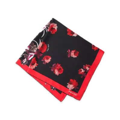 PRADA Double Match Hawaii Print Silk Scarf 90 x 90 "Red/Black"