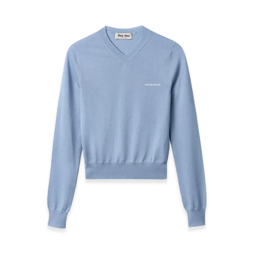 MIU MIU Women's Silk and Cashmere V-Neck Sweater "Sapphire Blue"