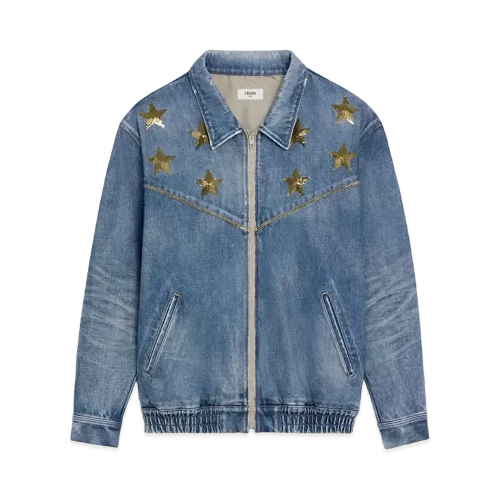 CELINE Embroidered Teddy Jacket In Union Wash Denim With Stars "Indigo"