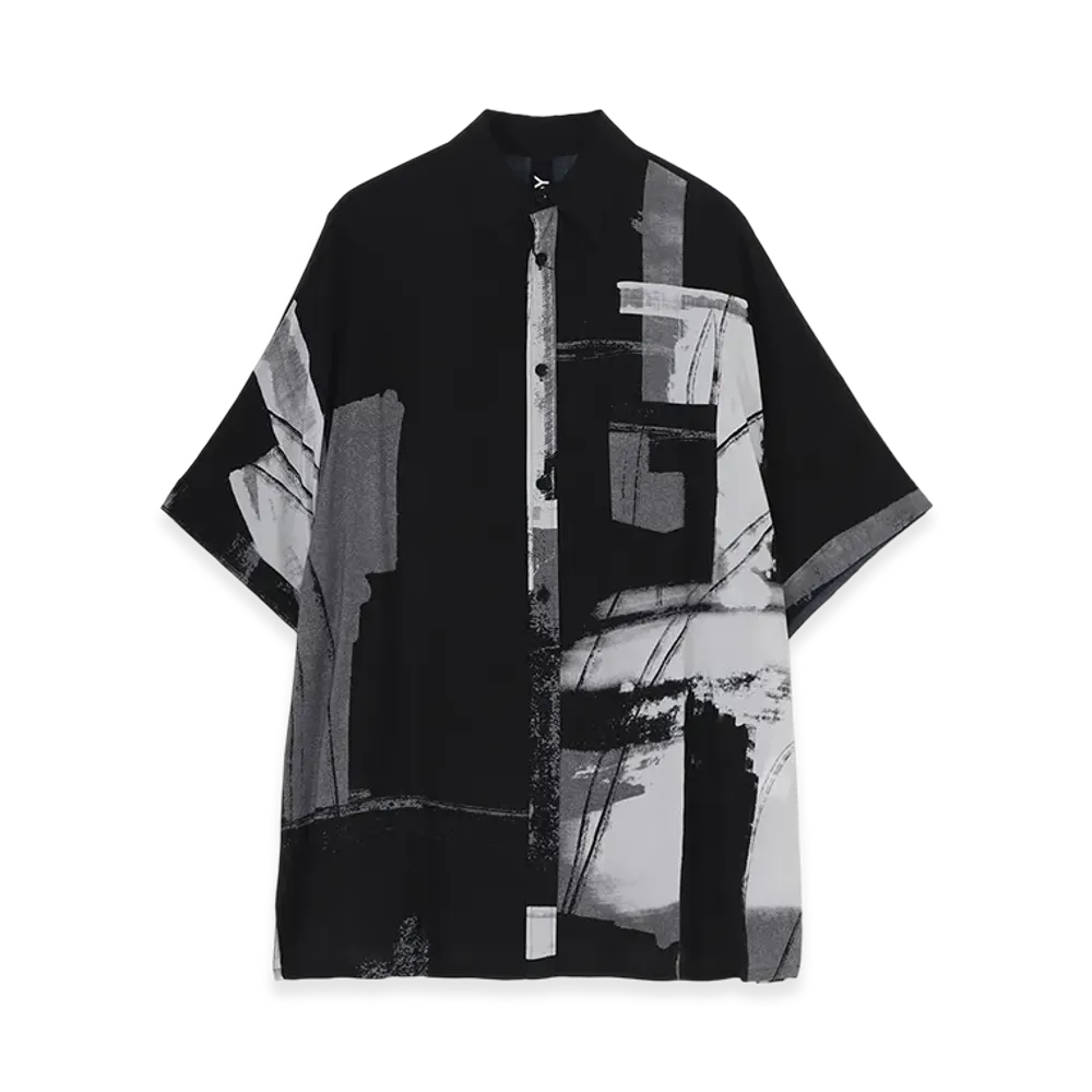 Ground Y Rayon Print Paint Pattern Front Dolman Big Short Sleeved Shirt "Black/Gray"