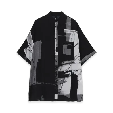 Ground Y Rayon Print Paint Pattern Front Dolman Big Short Sleeved Shirt "Black/Gray"