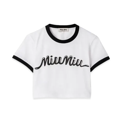 MIU MIU Women's Cotton Jersey T-Shirt with Printed Logo "White/Black"