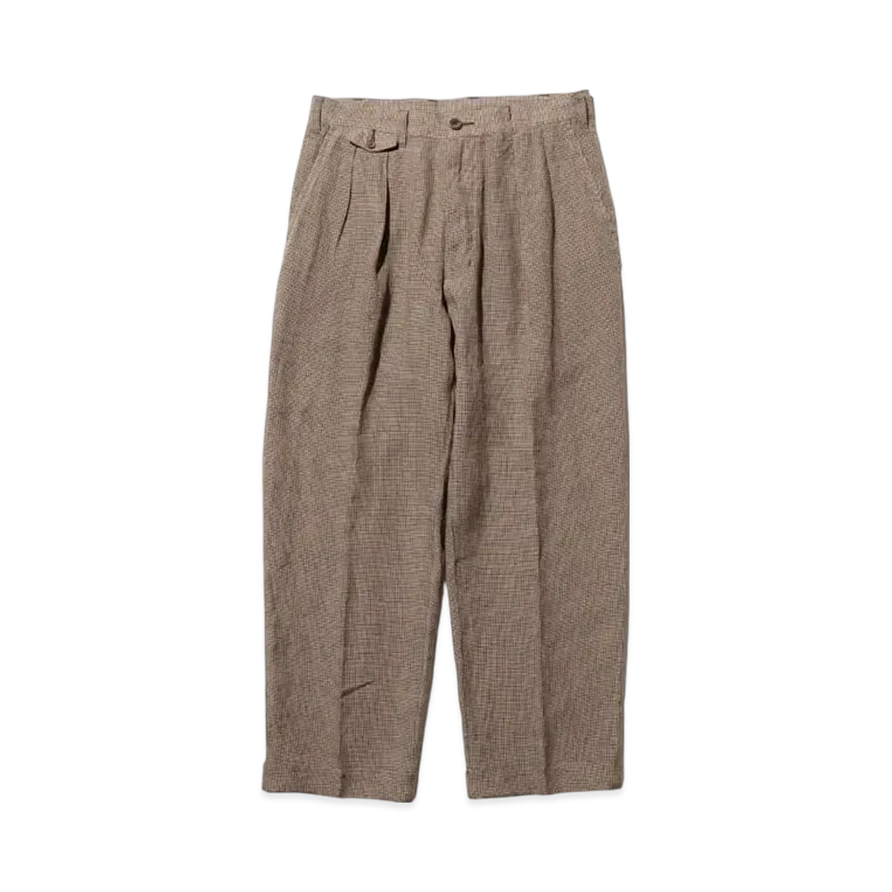 BEAMS 2 Pleats Trousers Linen Cupra Gun Club Check "Brown"