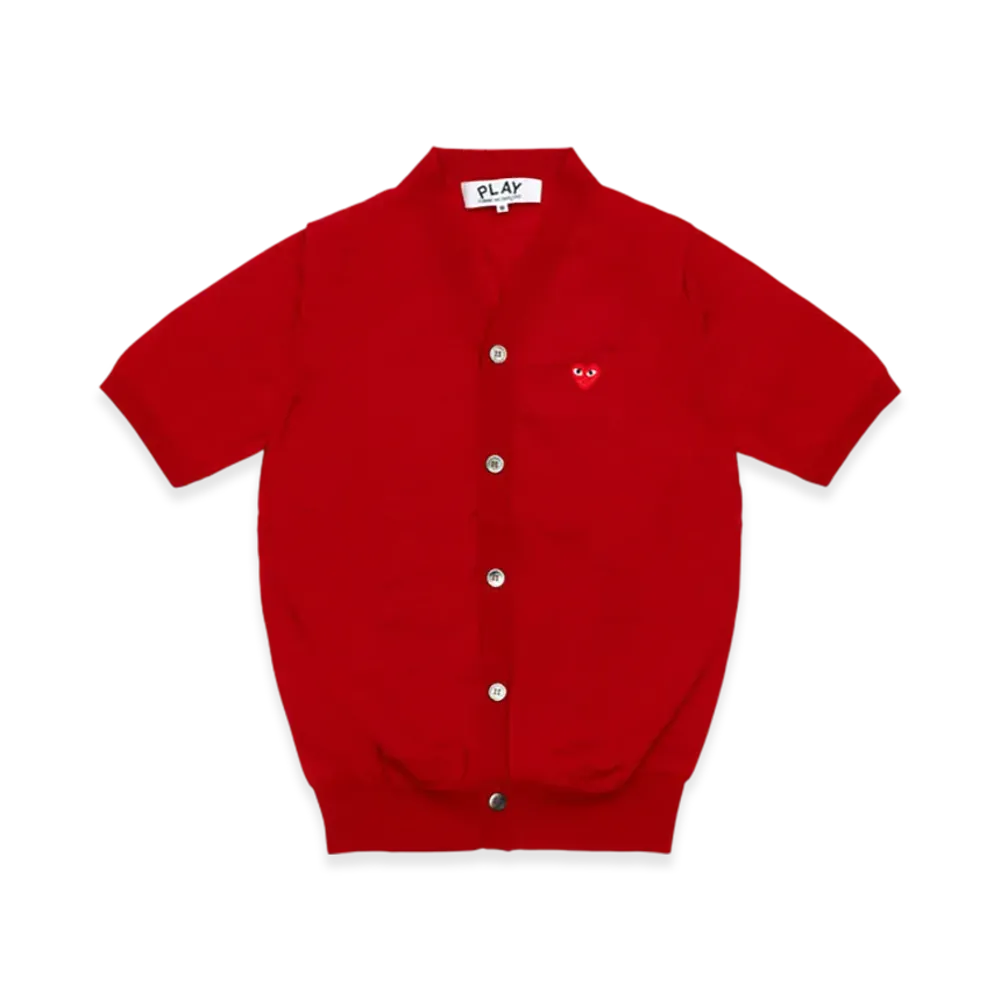 PLAY COMME des GARCONS V-Neck Short Sleeve Cardigan With Red Medium Emblem "Red"