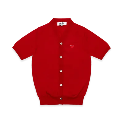 PLAY COMME des GARCONS V-Neck Short Sleeve Cardigan With Red Medium Emblem "Red"