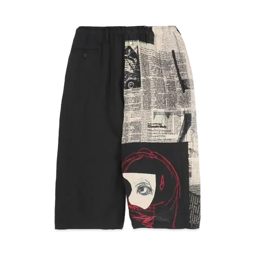 Yohji Yamamoto Pour Homme YUUKA ASAKURA LINEN NEWSPAPER PRINT TWO TONE PANTS "Black"