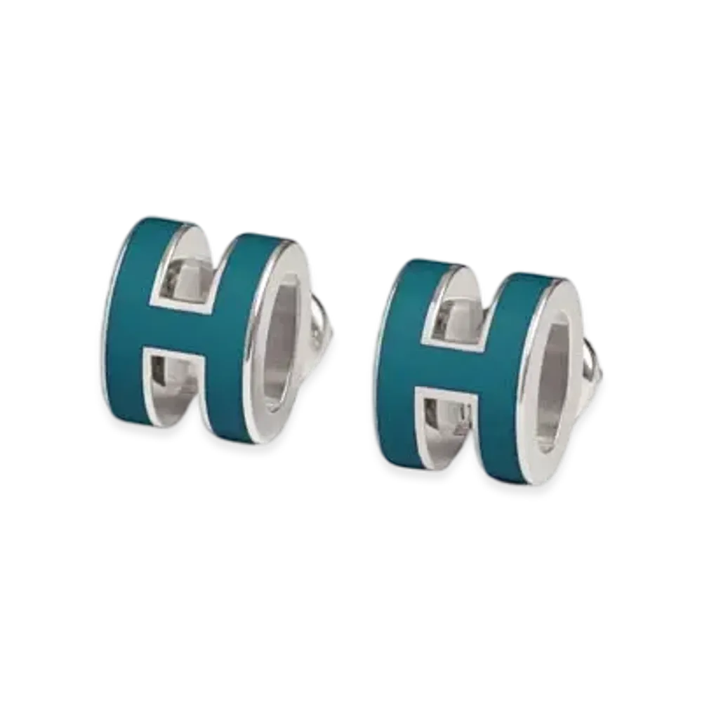 Hermes Mini Pop H Earrings "Palladium/Bleu Jean"
