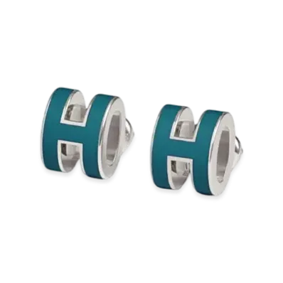 Hermes Mini Pop H Earrings "Palladium/Bleu Jean"