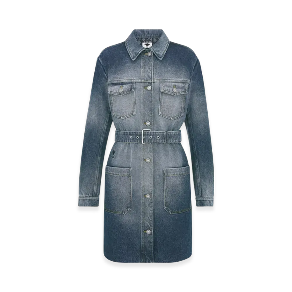 Dior Women's Stonewashed Cotton Denim with Dior Oblique Interior Long Belted Jacket "Blue"