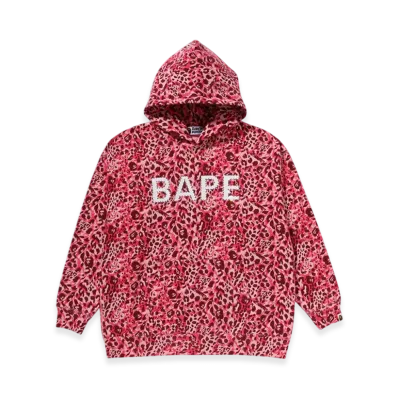 A BATHING APE Wild Leopard Pattern Crystal Bape Pullover Hoodie "Pink"