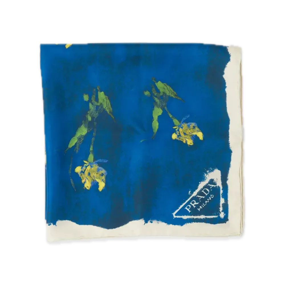 PRADA Printed Silk Twill Scarf 55 x 55 "Blue"