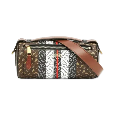 Burberry The Monogram Stripe E Canvasleather Barrel Bag "Bridle Brown"