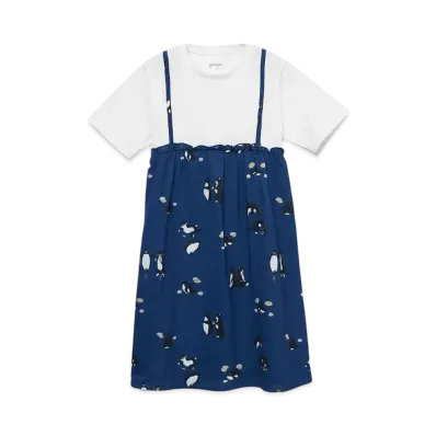 graniph x Chiharu Sakazaki Penguin & Cat Pattern Kids Layered One Piece "Navy"
