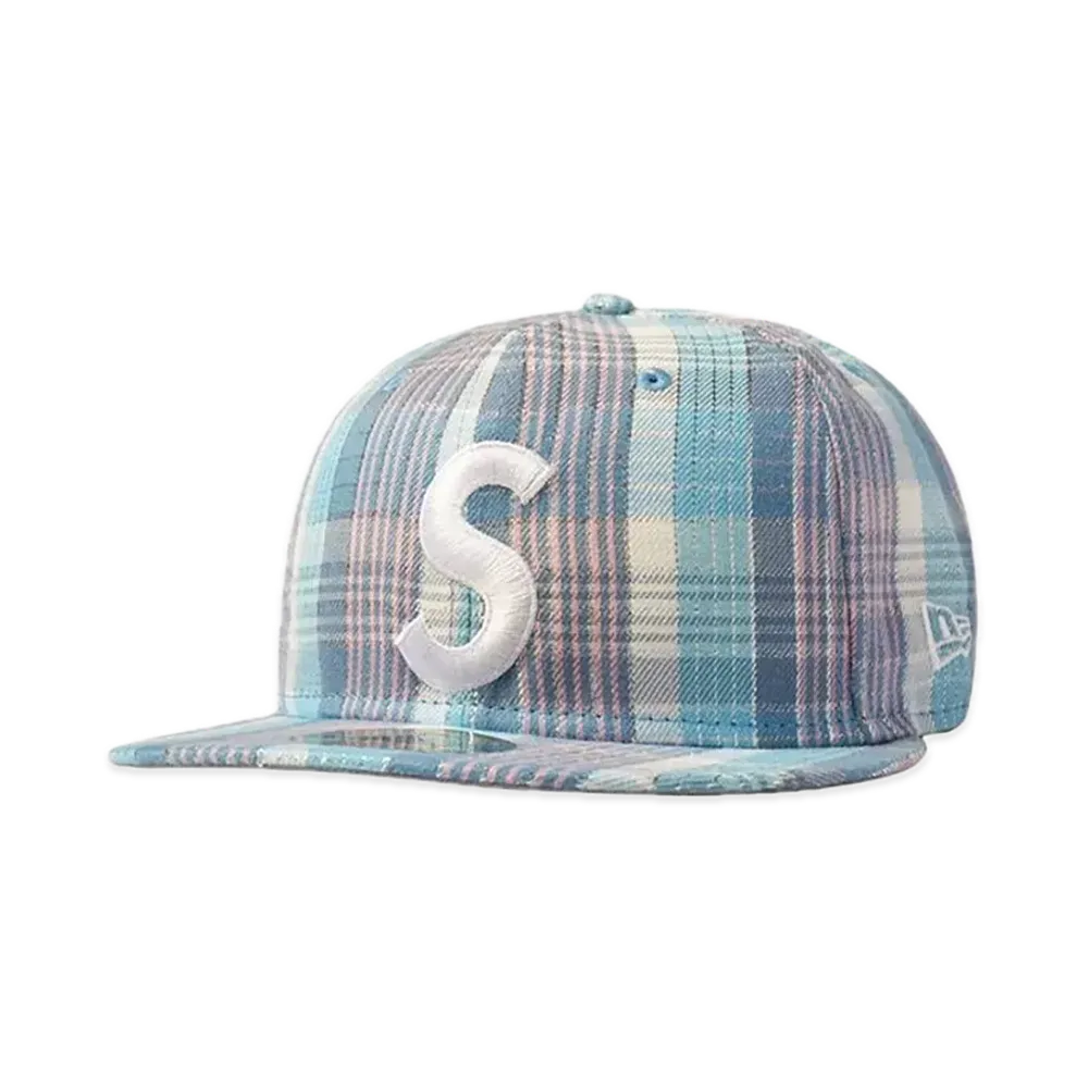 Supreme Metallic Plaid S Logo New Era "Light Blue"