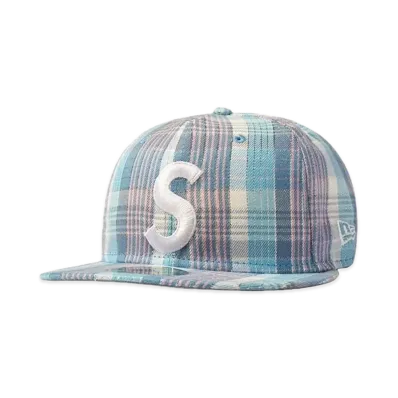 Supreme Metallic Plaid S Logo New Era "Light Blue"