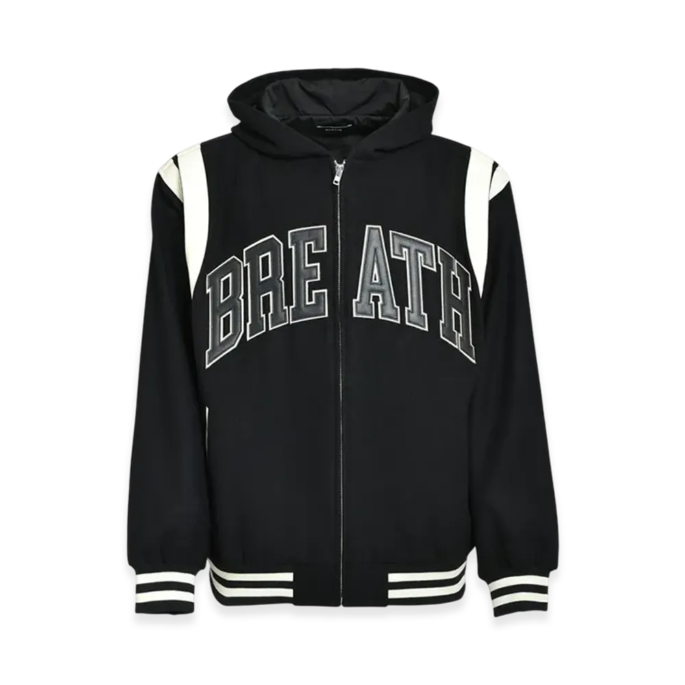 BREATH Arch Logo Hooded Varsity Jacket "Black/White"