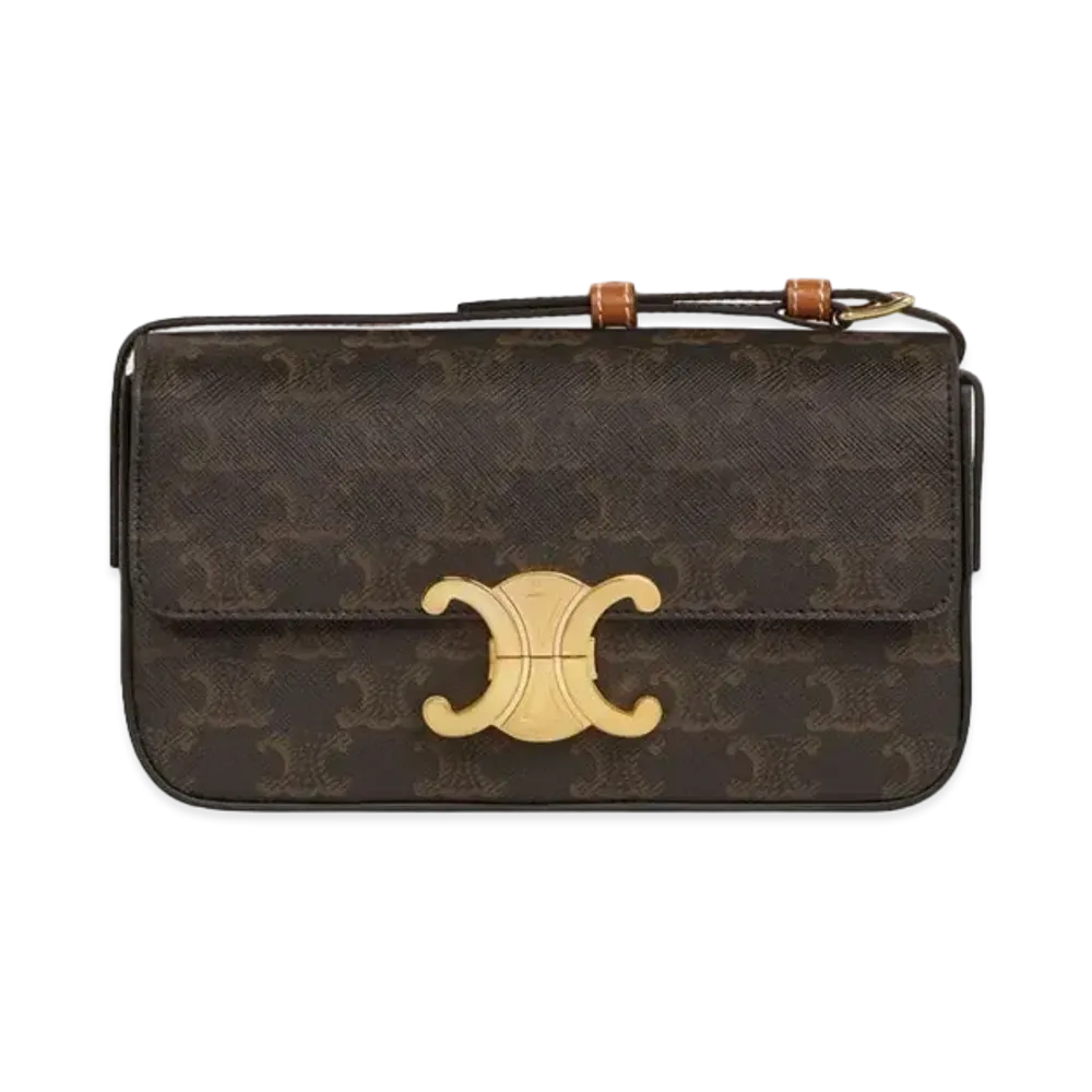 CELINE Triomphe Shoulder Bag in Triomphe canvas and Calfskin "Tan"