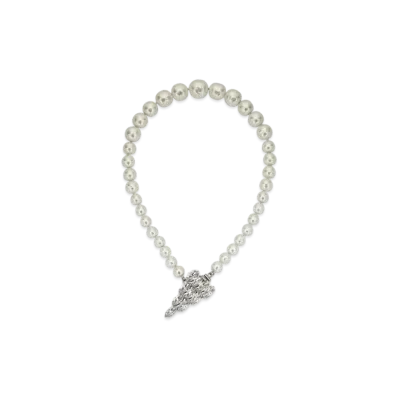 GUCCI Pearl & Crystal Necklace Tone Metal "Palladium"