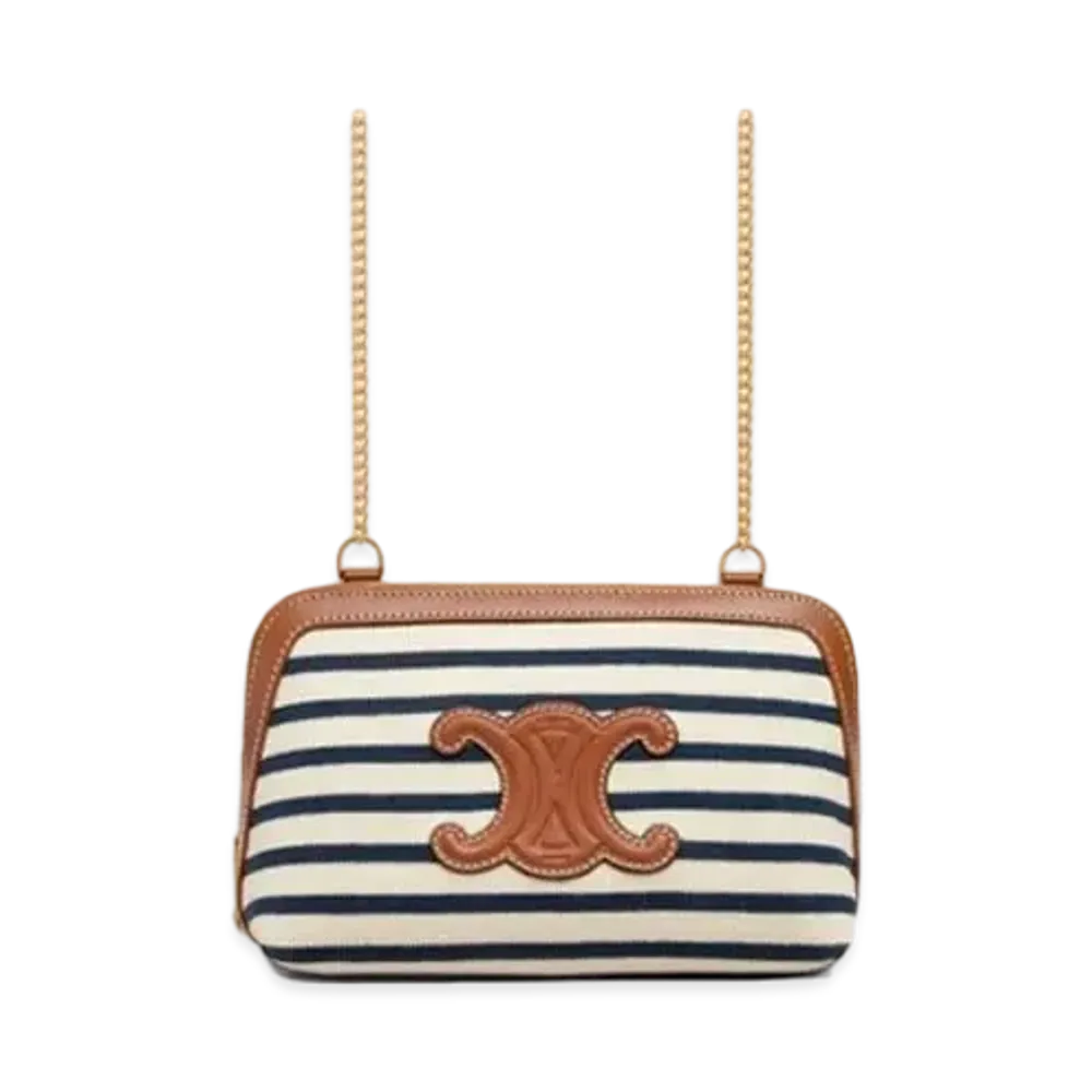 CELINE Clutch with Chain in Striped Textile  "Navy/Tan"