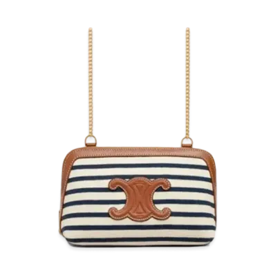 CELINE Clutch with Chain in Striped Textile "Navy/Tan"