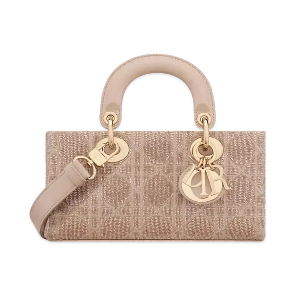 Dior Small Lady D-Joy Bag Cannage Cotton Embroidered Micropearl "Caramel Beige"