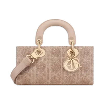 Dior Small Lady D-Joy Bag Cannage Cotton Embroidered Micropearl "Caramel Beige"