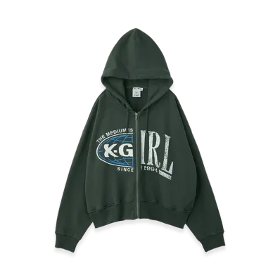 X-Girl Paneled Graphic Zip Up Sweat Hoodie "Charcoal"