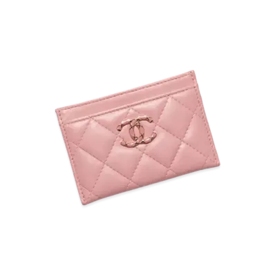 CHANEL Card Holder Lambskin Enamel & Gold Tone Metal "Coral Pink"