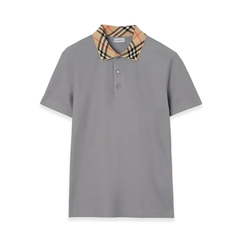 Burberry Check Collar Cotton Polo Shirt "Rainy Grey"