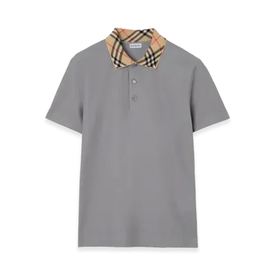 Burberry Check Collar Cotton Polo Shirt "Rainy Grey"