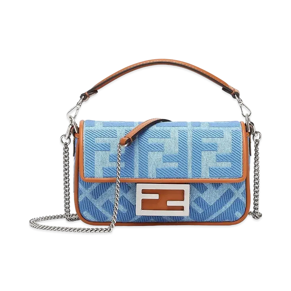 FENDI Baguette Small Denim Bag FF Embroidery "Light Blue"