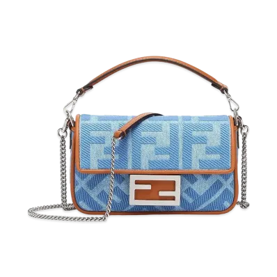 FENDI Baguette Small Denim Bag FF Embroidery "Light Blue"