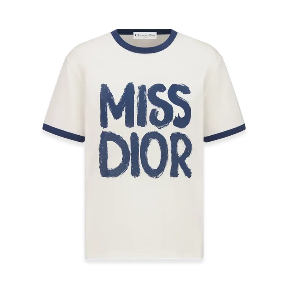 Dior Women's Cotton and Linen Jersey with Miss Dior Graffiti Motif T-Shirt "Blue"