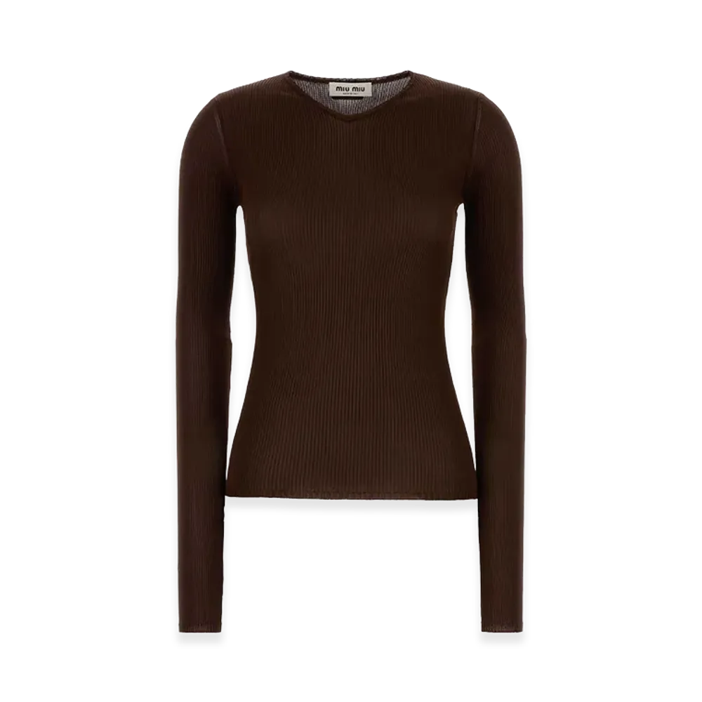 MIU MIU Women's Silk Long Sleeve T-Shirt "Chocolate Brown"