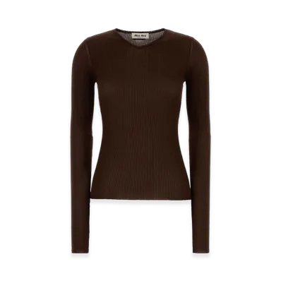 MIU MIU Women's Silk Long Sleeve T-Shirt "Chocolate Brown"