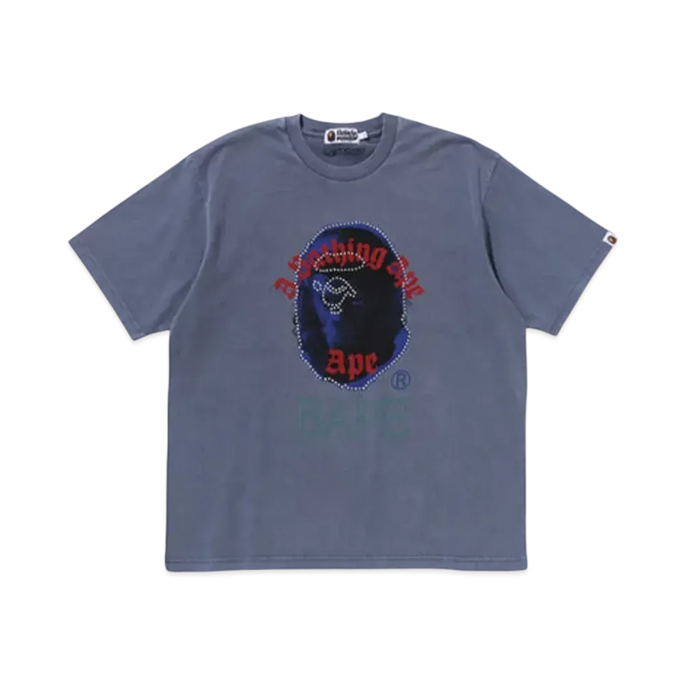 A BATHING APE Garment Dye Rhinestone Ape Head Relaxed Fit Tee "Charcoal"