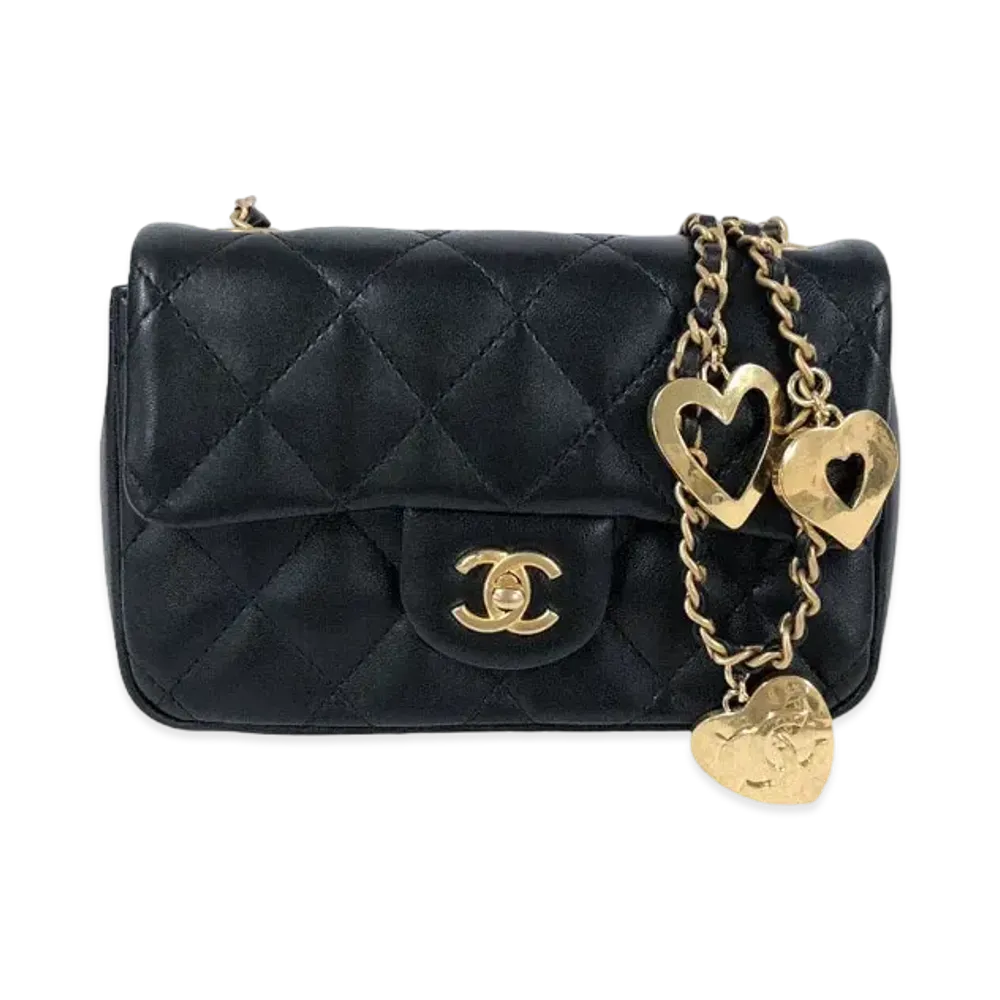 CHANEL Mini Matelasse Heart Charm Chain Shoulder Bag Lambskin "Black/Gold"
