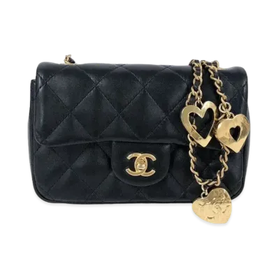 CHANEL Mini Matelasse Heart Charm Chain Shoulder Bag Lambskin "Black/Gold"