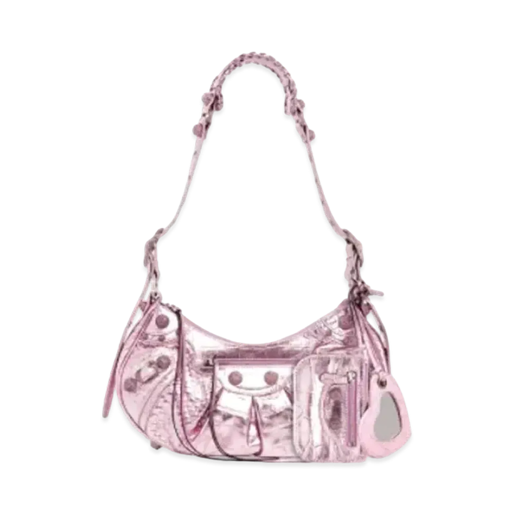 BALENCIAGA Le Cagole Small Shoulder Bag In Metallized Extra Supple Crocodile Embossed Calfskin "Pink"