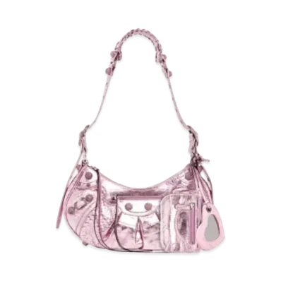 BALENCIAGA Le Cagole Small Shoulder Bag In Metallized Extra Supple Crocodile Embossed Calfskin "Pink"
