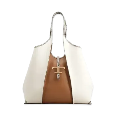 TOD'S Timeless Canvas & Leather Shopping Bag Medium "Beige/Brown"