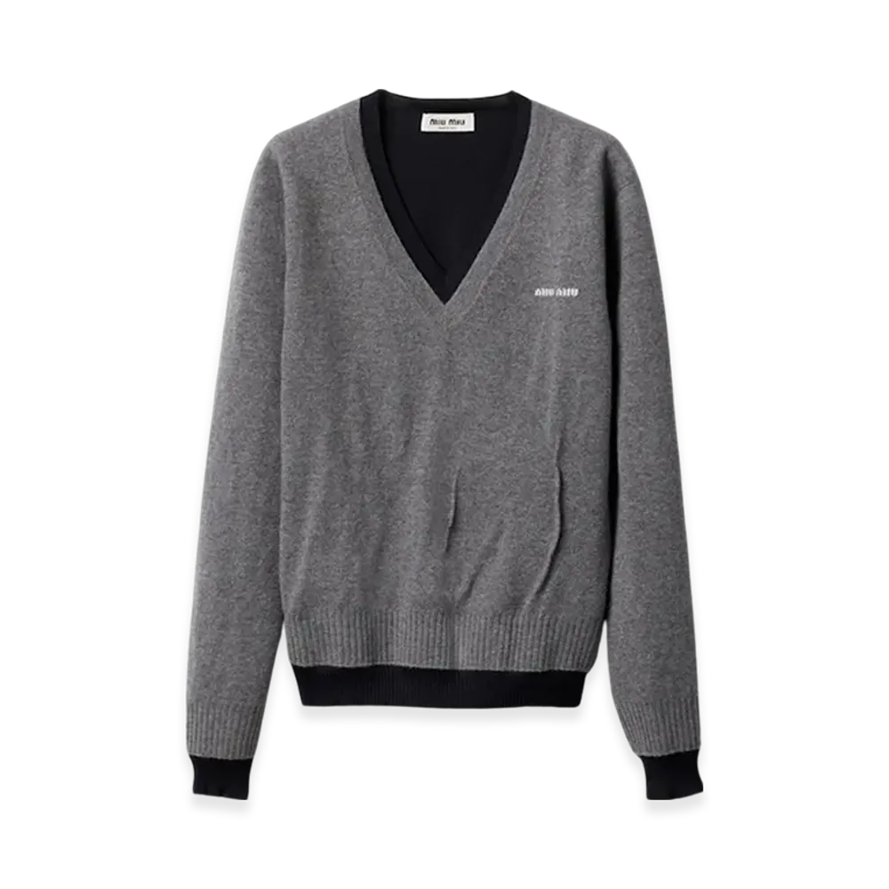 MIU MIU Women's Silk and Cashmere V-Neck Sweater "Grey/Blue"