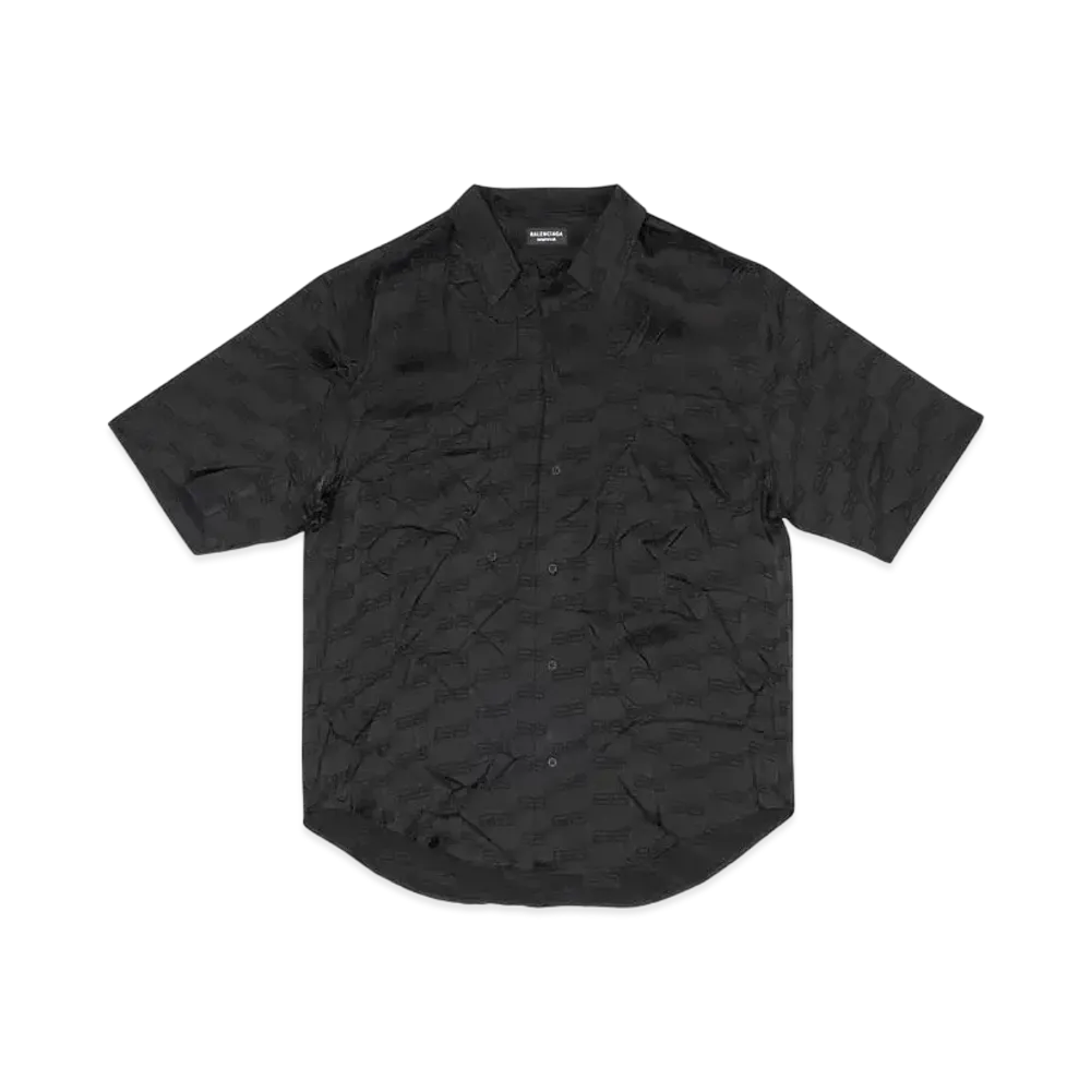 BALENCIAGA Men's BB Monogram Minimal Short Sleeve Shirt in Viscose Jacquard "Black"