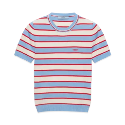 PRADA Women's Striped Crew-Neck Cotton Sweater "Blue/Natural"
