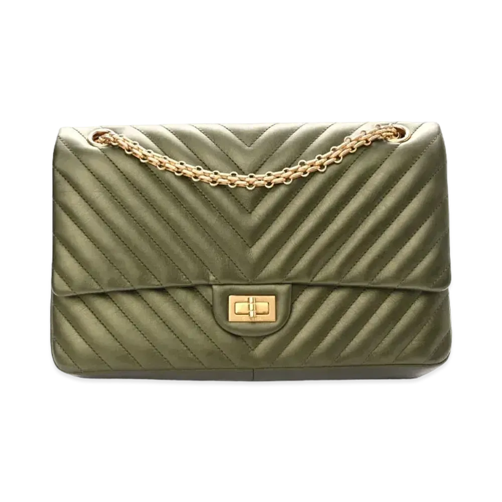 CHANEL 2.55 V Stitch Chain Shoulder Metallic Calfskin "Green/Gold"