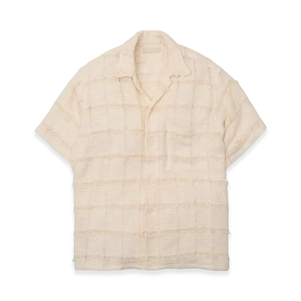 YOKE Fringe Check Tweed Open Collar Shirt "Ecru"
