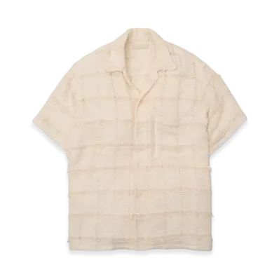 YOKE Fringe Check Tweed Open Collar Shirt "Ecru"